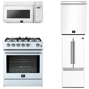 FORNO Espresso Package - 30" Gas Range, Over-The-Range Microwave, 30" Refrigerator with Ice Maker and Dishwasher in White with Stainless Steel Accents, AP4-1116WHT-S13