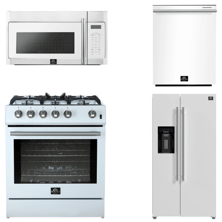 FORNO Espresso Package - 30" Gas Range, Over-The-Range Microwave, 36" Refrigerator with Water Dispenser/Ice Maker and Dishwasher in White with Stainless Steel Accents, AP4-1116WHT-S14