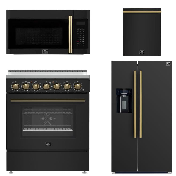FORNO Paolo Package - 30" Electric Range, Over-The-Range Microwave, 36" Refrigerator with Water Dispenser/Ice Maker and Dishwasher in Black with Antique Brass Accents, AP4-6011BLK-A14