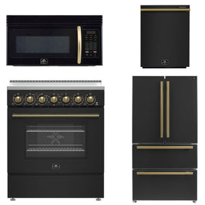 FORNO Paolo Package - 30" Electric Range, Over-The-Range Microwave, 36" Refrigerator with Ice Maker and Dishwasher in Black with Antique Brass Accents, AP4-6011BLK-A9