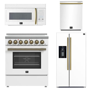 FORNO Paolo Package - 30" Electric Range, Over-The-Range Microwave, 36" Refrigerator with Water Dispenser/Ice Maker and Dishwasher in White with Antique Brass Accents, AP4-6011WHT-A11
