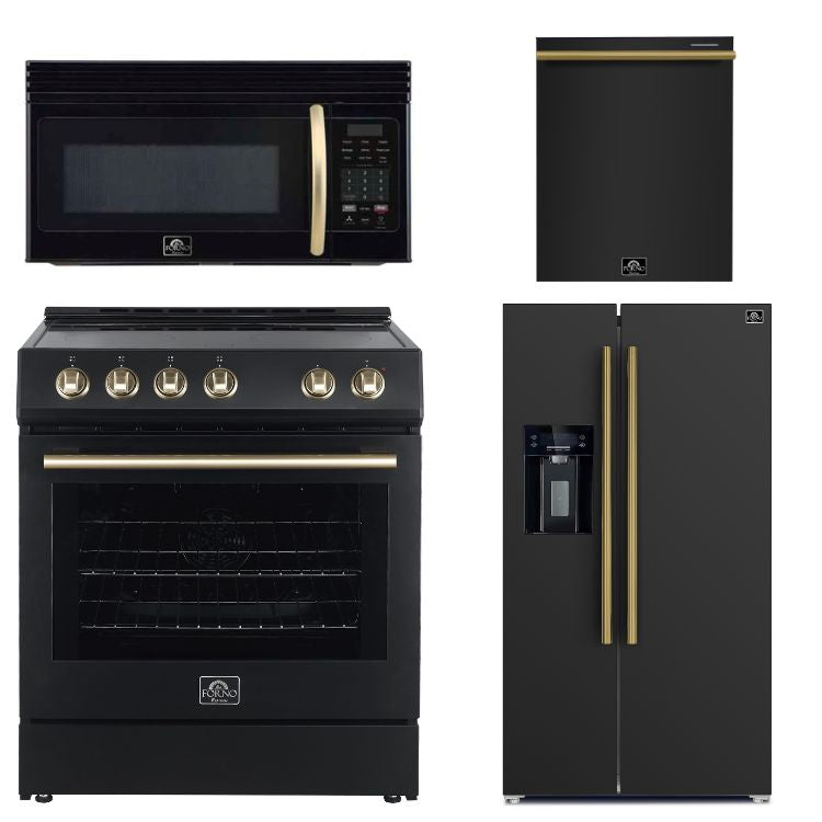 FORNO Espresso Package - 30" Electric Range, Over-The-Range Microwave, 36" Refrigerator with Water Dispenser/Ice Maker and Dishwasher in Black with Antique Brass Accents, AP4-6012BLK-A11