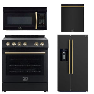 FORNO Espresso Package - 30" Electric Range, Over-The-Range Microwave, 36" Refrigerator with Water Dispenser/Ice Maker and Dishwasher in Black with Antique Brass Accents, AP4-6012BLK-A11