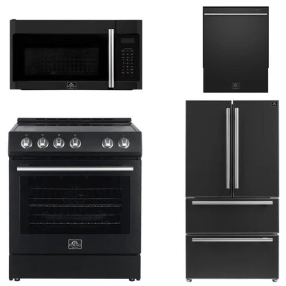 FORNO Espresso Package - 30" Electric Range, Over-The-Range Microwave, 36" Refrigerator with Ice Maker and Dishwasher in Black with Stainless Steel Accents, AP4-6012BLK-S12