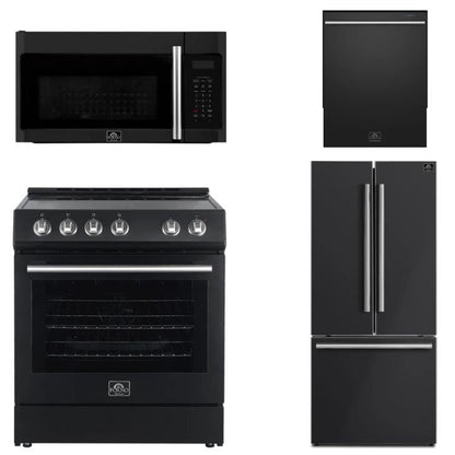 FORNO Espresso Package - 30" Electric Range, Over-The-Range Microwave, 30" Refrigerator with Ice Maker and Dishwasher in Black with Stainless Steel Accents, AP4-6012BLK-S13