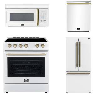 FORNO Espresso Package - 30" Electric Range, Over-The-Range Microwave, 30" Refrigerator with Ice Maker and Dishwasher in White with Antique Brass Accents, AP4-6012WHT-A10