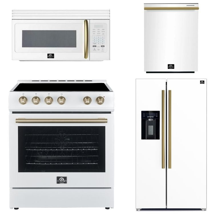 FORNO Espresso Package - 30" Electric Range, Over-The-Range Microwave, 36" Refrigerator with Water Dispenser/Ice Maker and Dishwasher in White with Antique Brass Accents, AP4-6012WHT-A11
