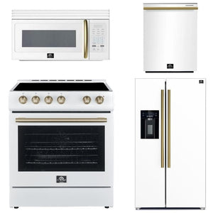 FORNO Espresso Package - 30" Electric Range, Over-The-Range Microwave, 36" Refrigerator with Water Dispenser/Ice Maker and Dishwasher in White with Antique Brass Accents, AP4-6012WHT-A11