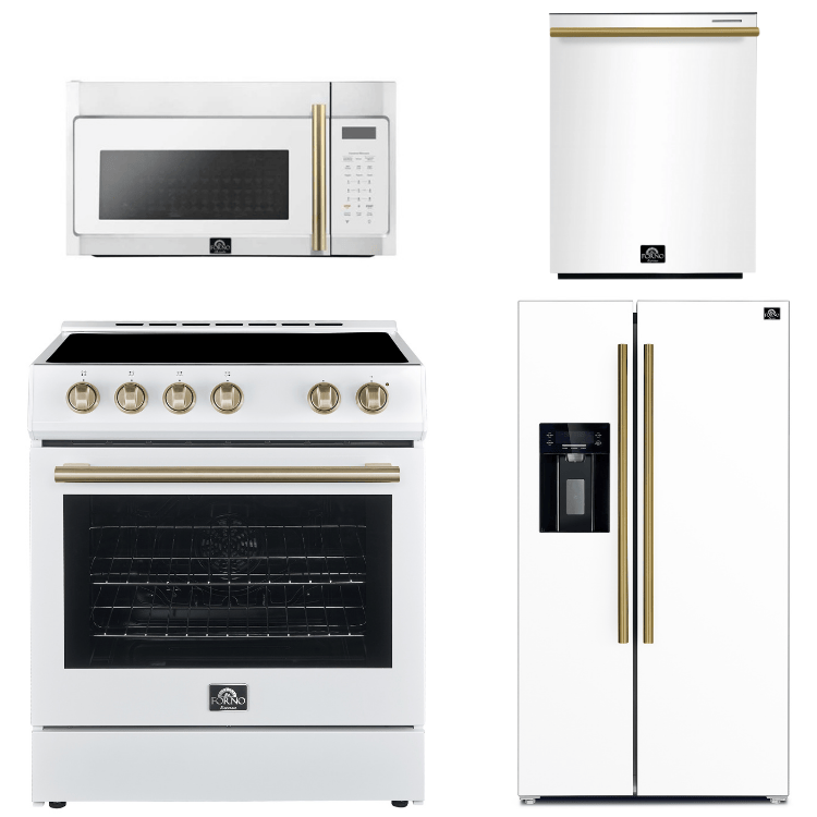 FORNO Espresso Package - 30" Electric Range, Over-The-Range Microwave, 36" Refrigerator with Water Dispenser/Ice Maker and Dishwasher in White with Antique Brass Accents, AP4-6012WHT-A14
