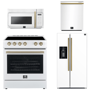 FORNO Espresso Package - 30" Electric Range, Over-The-Range Microwave, 36" Refrigerator with Water Dispenser/Ice Maker and Dishwasher in White with Antique Brass Accents, AP4-6012WHT-A14