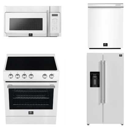FORNO Espresso Package - 30" Electric Range, Over-The-Range Microwave, 36" Refrigerator with Water Dispenser/Ice Maker and Dishwasher in White with Stainless Steel Accents, AP4-6012WHT-S14