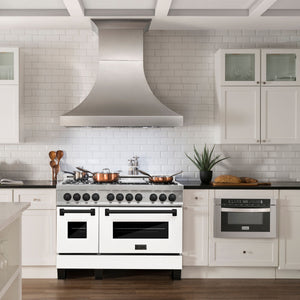 ZLINE Autograph 48" 6.0 cu. ft. Legacy Dual Fuel Range with 7 Burner Gas Cooktop and 2 Electric Ovens in Satin Stainless Steel with White Matte Doors and Matte Black Accents, RASZ-WM-48-MB