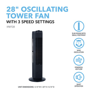 28" Tower Fan with Efficient Wide-Angle Oscillation and Easy Push Button Controls
