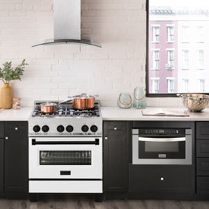 ZLINE Autograph 30" 4.0 cu. ft. Legacy Dual Fuel Range with 4 Burner Gas Cooktop and Electric Convection Oven in Satin Stainless Steel with White Matte Door and Matte Black Accents, RASZ-WM-30-MB