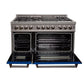 ZLINE 48" 6.0 cu. ft. Legacy Dual Fuel Range with 7 Burner Gas Cooktop and 2 Electric Ovens in Satin Stainless Steel and Blue Matte Doors, RAS-BM-48