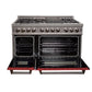 ZLINE 48" 6.0 cu. ft. Legacy Dual Fuel Range with 7 Burner Gas Cooktop and 2 Electric Ovens in Satin Stainless Steel and Red Matte Doors, RAS-RM-48