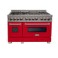 ZLINE 48" 6.0 cu. ft. Legacy Dual Fuel Range with 7 Burner Gas Cooktop and 2 Electric Ovens in Satin Stainless Steel and Red Matte Doors, RAS-RM-48