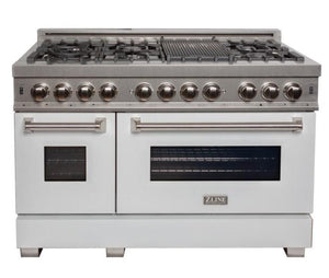 ZLINE 48" 6.0 cu. ft. Legacy Dual Fuel Range with 7 Burner Gas Cooktop and 2 Electric Ovens in Satin Stainless Steel and White Matte Doors, RAS-WM-48