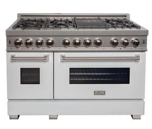 ZLINE Appliance Package - 48" Dual Fuel Range with White Matte Door and Convertible Vent Range Hood in Satin Stainless Steel, 2KP-RASWMRH48