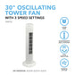 30" Tower Fan with Efficient Wide-Angle Oscillation, Timer, and Easy Push Button Controls