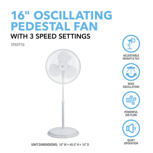 16" Pedestal Fan with Wide-Angle Oscillation and 3 Powerful Fan Speeds