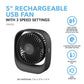 5" Rechargeable USB Fan with Adjustable Tilting Head and 3 Fan Speeds