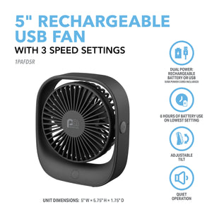 5" Rechargeable USB Fan with Adjustable Tilting Head and 3 Fan Speeds