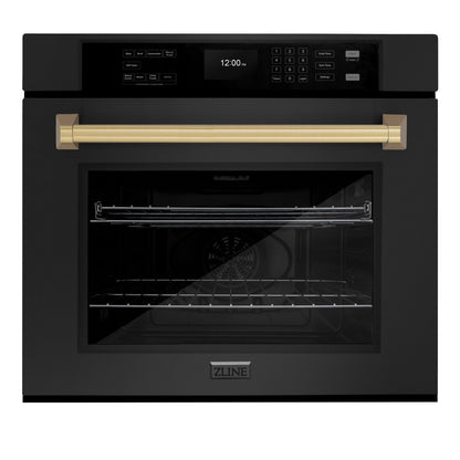 ZLINE 30" Autograph Single Wall Oven with Air Fry and Self-Clean in Black and Champagne Bronze Handle, WASBZ-30-CB