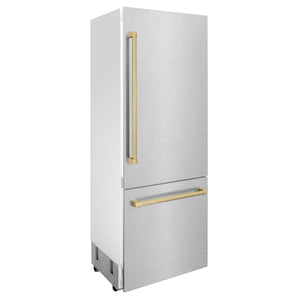ZLINE Autograph 30" 16.1 cu. ft. Built-In Bottom Freezer Refrigerator with Water Dispenser and Ice Maker in Satin Stainless Steel with Champagne Bronze Accents, RBIVZ-SN-30-CB