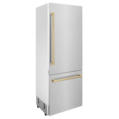 ZLINE Autograph 30" 16.1 cu. ft. Built-In Bottom Freezer Refrigerator with Water Dispenser and Ice Maker in Satin Stainless Steel with Champagne Bronze Accents, RBIVZ-SN-30-CB