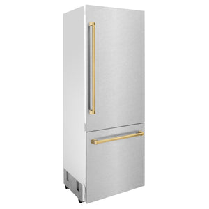 ZLINE Autograph 30" 16.1 cu. ft. Built-In Bottom Freezer Refrigerator with Water Dispenser and Ice Maker in Satin Stainless Steel with Polished Gold Accents, RBIVZ-SN-30-G
