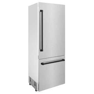 ZLINE Autograph 30" 16.1 cu. ft. Built-In Bottom Freezer Refrigerator with Water Dispenser and Ice Maker in Satin Stainless Steel with Matte Black Accents, RBIVZ-SN-30-MB
