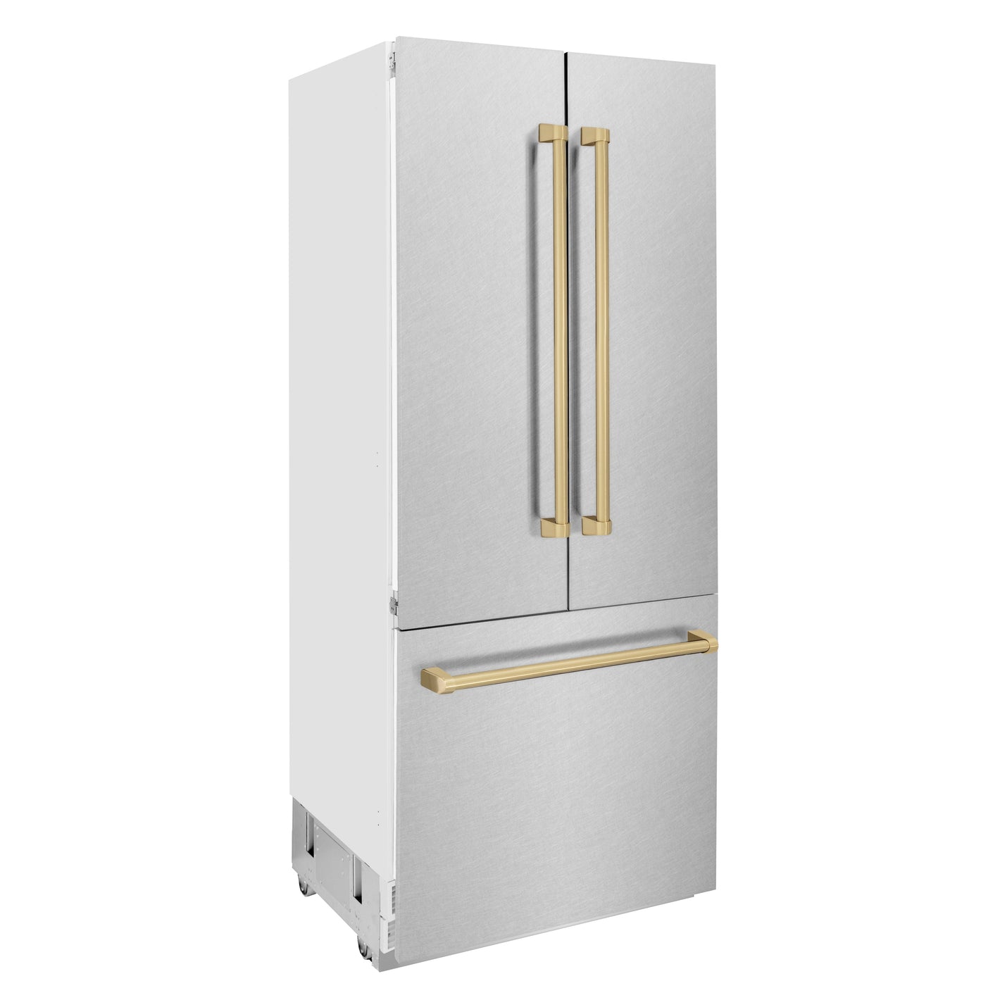 ZLINE Autograph 36" 19.6 cu. ft. French Door Built-In Bottom Freezer Refrigerator with Water Dispenser and Ice Maker in Satin Stainless Steel with Champagne Bronze Accents, RBIVZ-SN-36-CB