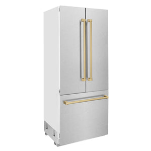 ZLINE Autograph 36" 19.6 cu. ft. French Door Built-In Bottom Freezer Refrigerator with Water Dispenser and Ice Maker in Satin Stainless Steel with Champagne Bronze Accents, RBIVZ-SN-36-CB