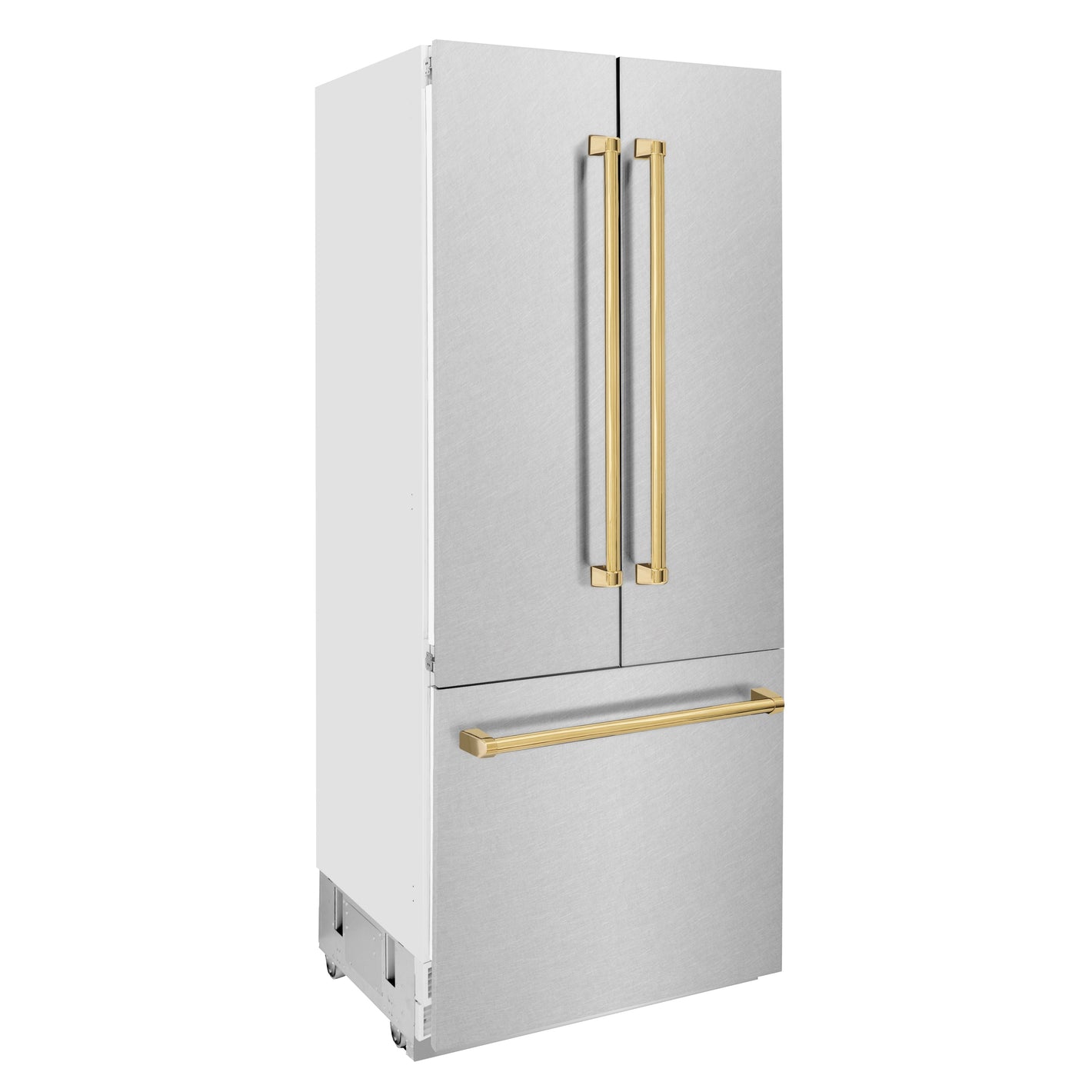 ZLINE Autograph 36" 19.6 cu. ft. French Door Built-In Bottom Freezer Refrigerator with Water Dispenser and Ice Maker in Satin Stainless Steel with Polished Gold Accents, RBIVZ-SN-36-G