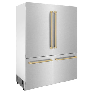 ZLINE Autograph 60" 32.2 cu. ft. French Door Built-In Bottom Freezer Refrigerator with Water Dispenser and Ice Maker in Satin Stainless Steel with Champagne Bronze Accents, RBIVZ-SN-60-CB