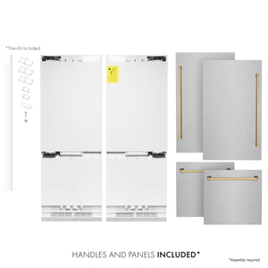 ZLINE Autograph 60" 32.2 cu. ft. French Door Built-In Bottom Freezer Refrigerator with Water Dispenser and Ice Maker in Satin Stainless Steel with Polished Gold Accents, RBIVZ-SN-60-G