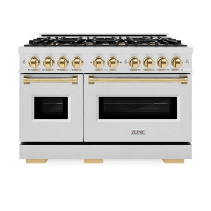 ZLINE Autograph 48" 6.7 cu. ft. Classic Double Oven Dual Fuel Range with 8 Burner Gas Cooktop in Satin Stainless Steel and Polished Gold Accents, CDRSZ-48-G
