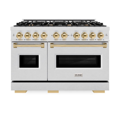 ZLINE Autograph 48" 6.7 cu. ft. Classic Double Oven Dual Fuel Range with 8 Burner Gas Cooktop in Satin Stainless Steel and Polished Gold Accents, CDRSZ-48-G