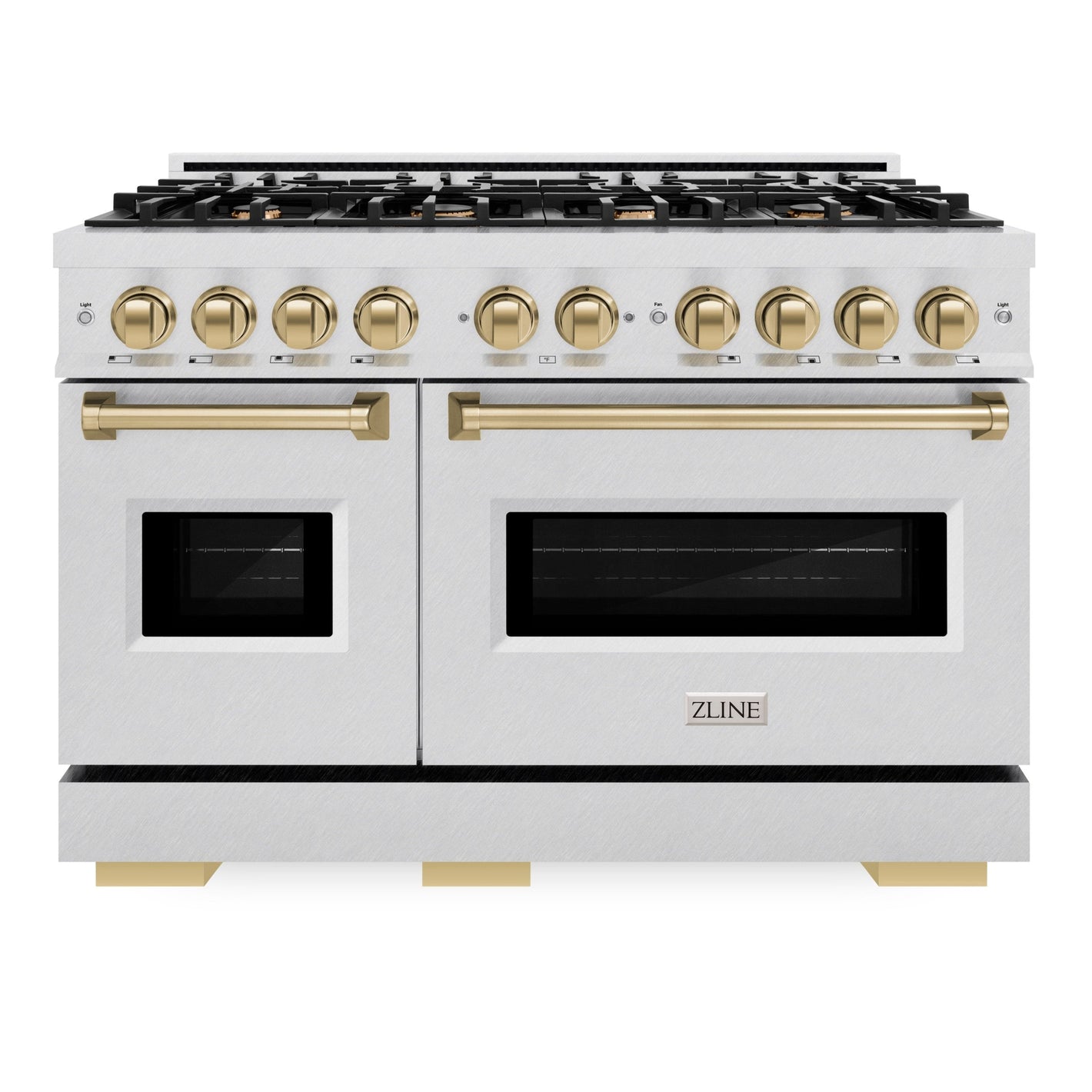 ZLINE Autograph 48" 6.7 cu. ft. Classic Double Oven Gas Range with 8 Burner Cooktop in Satin Stainless Steel and Champagne Bronze Accents, CGRSZ-48-CB