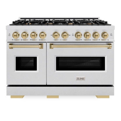 ZLINE Autograph 48" 6.7 cu. ft. Classic Double Oven Gas Range with 8 Burner Cooktop in Satin Stainless Steel and Champagne Bronze Accents, CGRSZ-48-CB