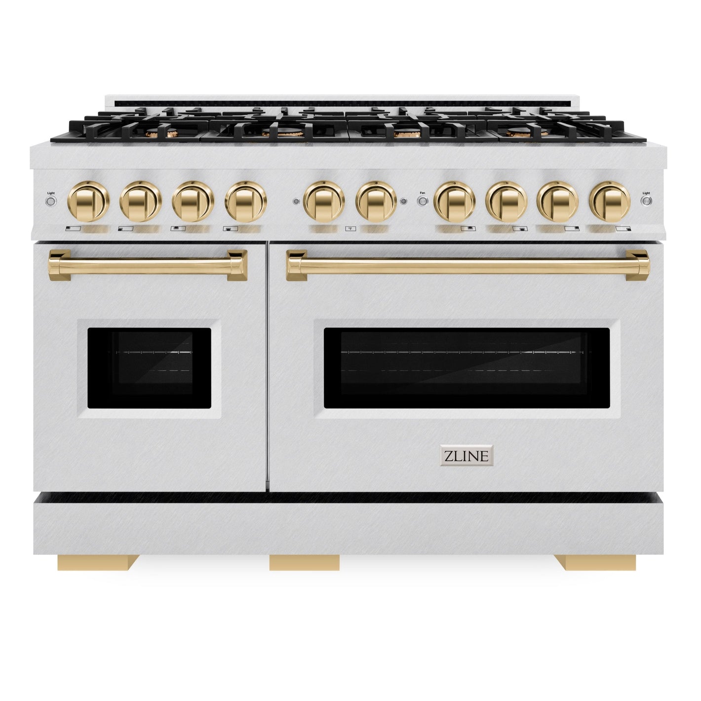 ZLINE Autograph 48" 6.7 cu. ft. Classic Double Oven Gas Range with 8 Burner Cooktop in Satin Stainless Steel and Polished Gold Accents, CGRSZ-48-G