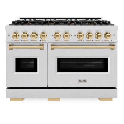 ZLINE Autograph 48" 6.7 cu. ft. Classic Double Oven Gas Range with 8 Burner Cooktop in Satin Stainless Steel and Polished Gold Accents, CGRSZ-48-G