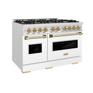 ZLINE Autograph 48" 6.7 cu. ft. Classic Double Oven Gas Range with 8 Burner Cooktop in Satin Stainless Steel with White Matte Doors and Champagne Bronze Accents, CGRSZ-WM-48-CB