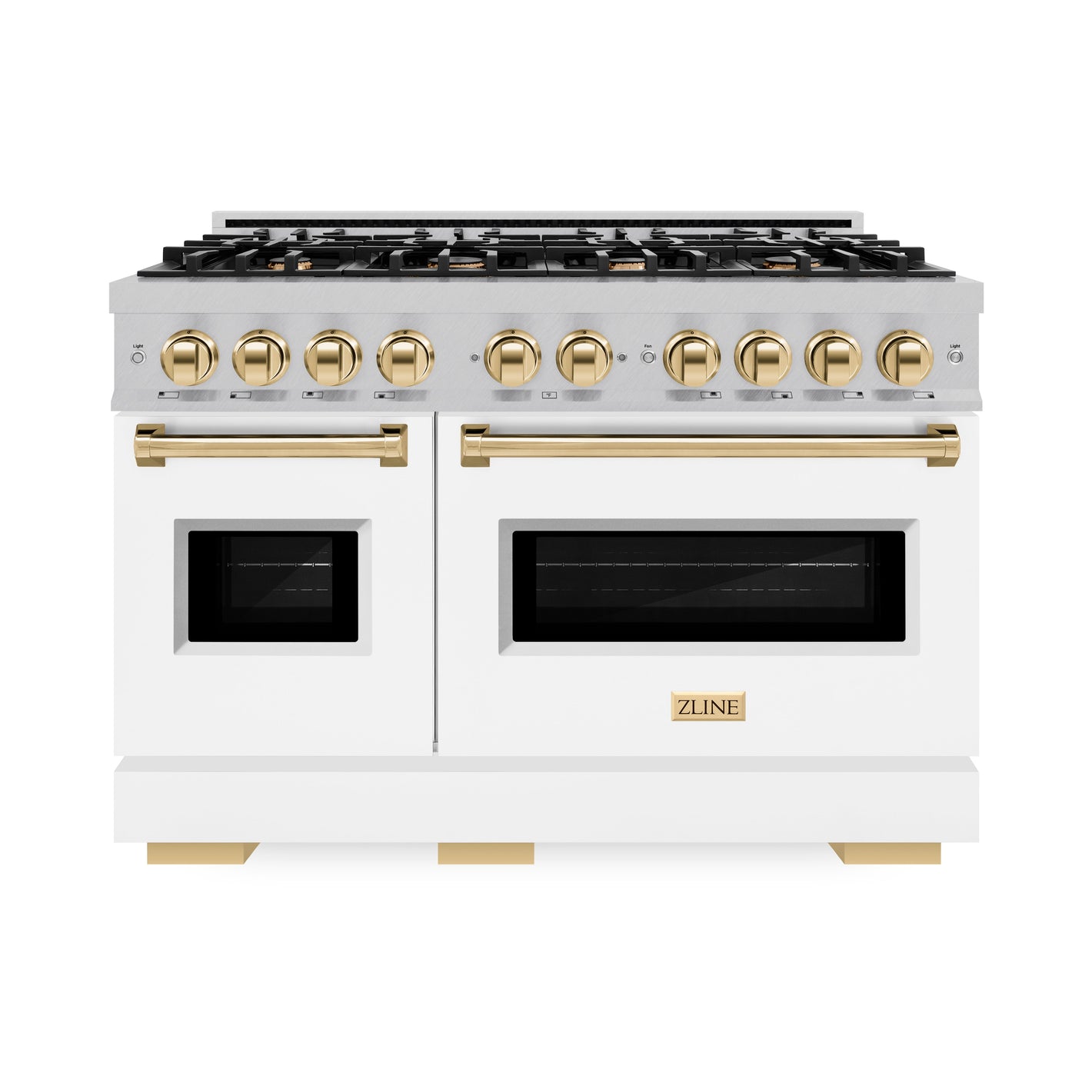 ZLINE Autograph 48" 6.7 cu. ft. Classic Double Oven Gas Range with 8 Burner Cooktop in Satin Stainless Steel with White Matte Doors and Polished Gold Accents, CGRSZ-WM-48-G