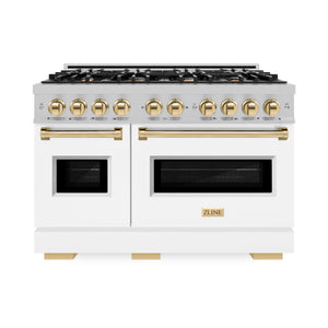 ZLINE Autograph 48" 6.7 cu. ft. Classic Double Oven Gas Range with 8 Burner Cooktop in Satin Stainless Steel with White Matte Doors and Polished Gold Accents, CGRSZ-WM-48-G