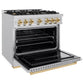 ZLINE Autograph 36" 5.2 cu. ft. Classic Dual Fuel Range with 6 Burners in Stainless Steel with Polished Gold Accents, CDRZ-36-G