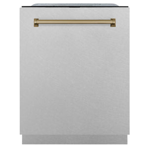 ZLINE Autograph 24" Monument Series 3rd Rack Top Touch Control Tall Tub Dishwasher with Satin Stainless Steel Panel and Champagne Bronze Handle, 45dBa, DWMTZ-SN-24-CB