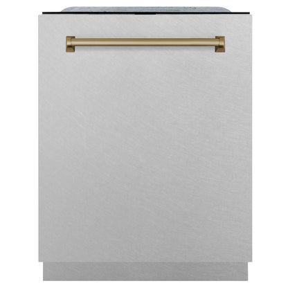 ZLINE Autograph 24" Monument Series 3rd Rack Top Touch Control Tall Tub Dishwasher with Satin Stainless Steel Panel and Champagne Bronze Handle, 45dBa, DWMTZ-SN-24-CB