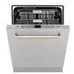 ZLINE Autograph 24" Monument Series 3rd Rack Top Touch Control Tall Tub Dishwasher with Satin Stainless Steel Panel and Polished Gold Handle, 45dBa, DWMTZ-SN-24-G